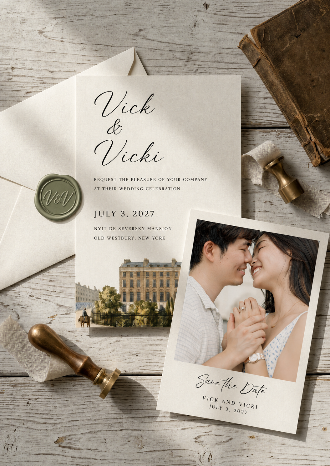 Save the date: Vick and Vicki, July 3, 2027, NYIT de Seversky Mansion, Old Westbury, New York. Formal invitation card and a photo of the couple on whitewashed wood.